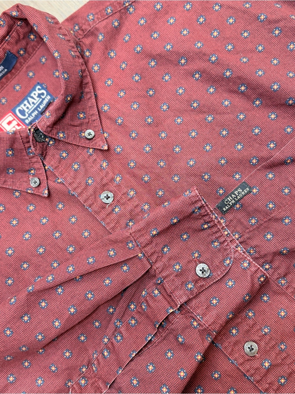 Vintage 90s Chaps Ralph Lauren Mens L
Burgundy Medallion Print Button Down
Shirt